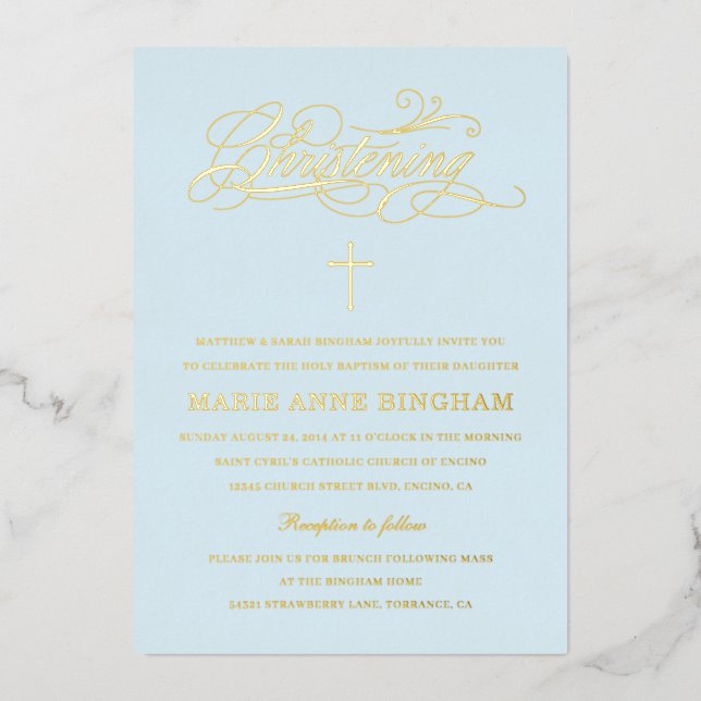Light Blue Elegant Calligraphy Christening Gold Foil Invitation (Front)