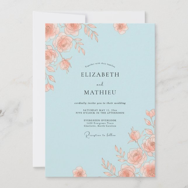 Light Blue Elegant Rose Wedding Invitation (Front)