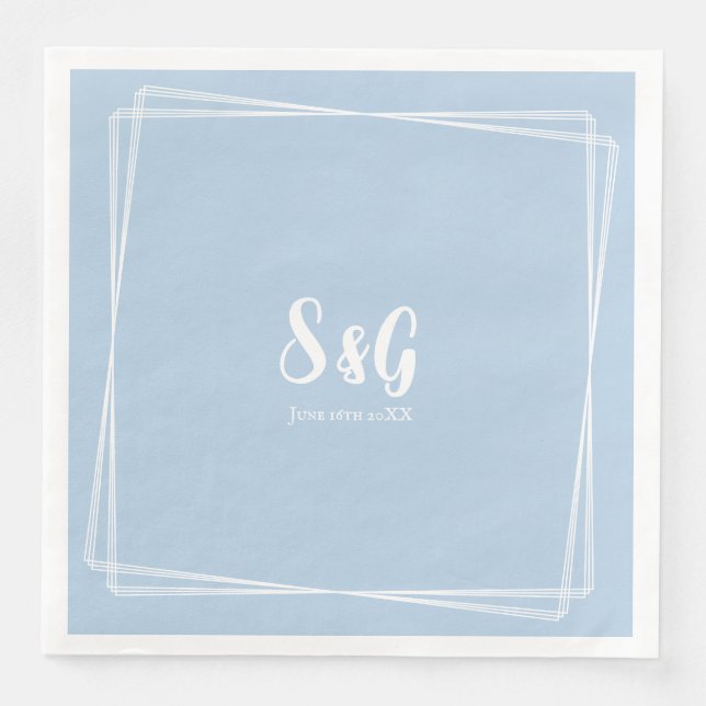 Light Blue Elegant Script Custom Initials Wedding Paper Dinner Napkins (Front)