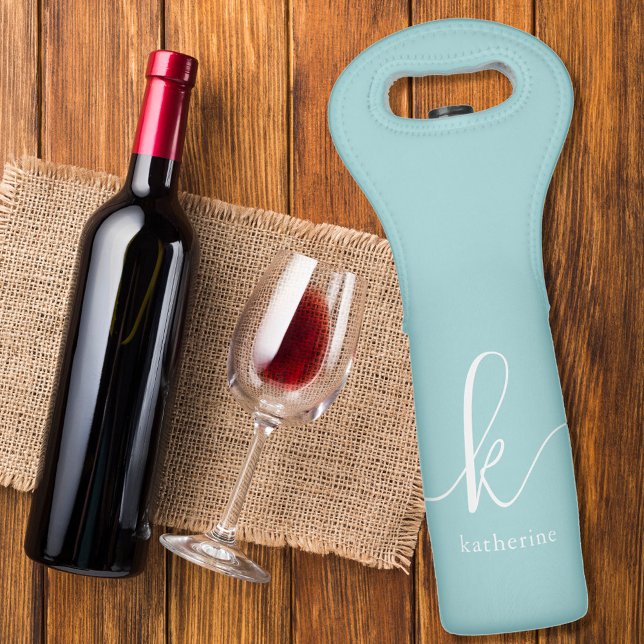 Light Blue Elegant Script Monogrammed Wine Bag (Creator Uploaded)