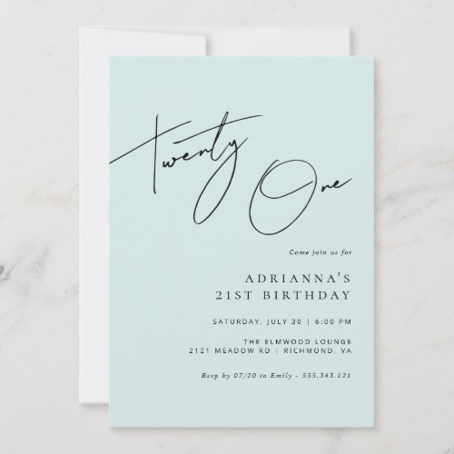 Light Blue  Elegant Script Womens 21st Birthday Invitation