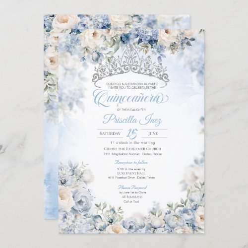 Light Blue Elegant Watercolor Floral Quinceaera Invitation