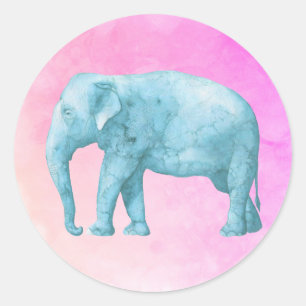 Light Blue Elephant on Dreamy Pink Watercolors Classic Round Sticker