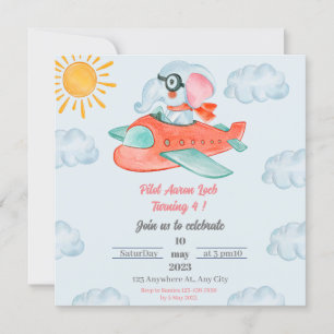 Light Blue Elephant Pilot Birthday Invitation