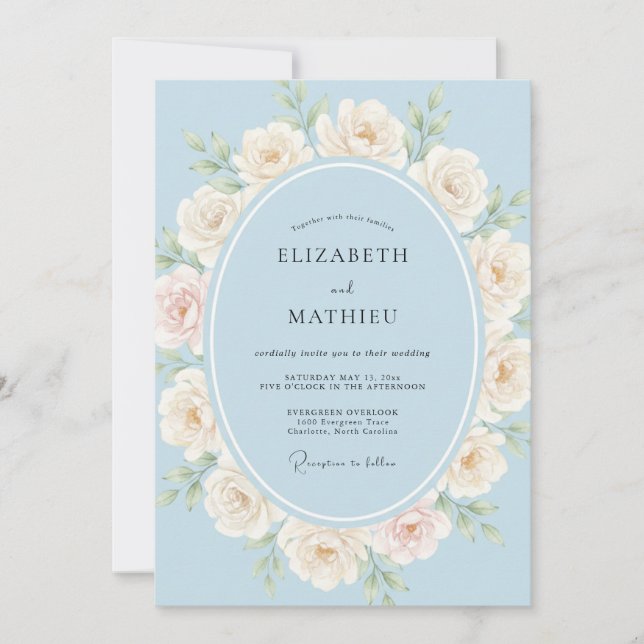 Light Blue Ethereal Rose Wedding Invitation (Front)