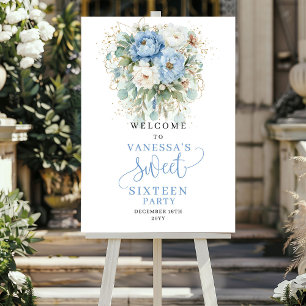 Light Blue Eucalyptus Gold 16th Birthday Welcome Poster