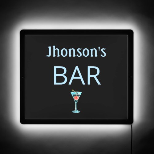Light Blue Family Bar  Cocktail Glass on Black LED Sign