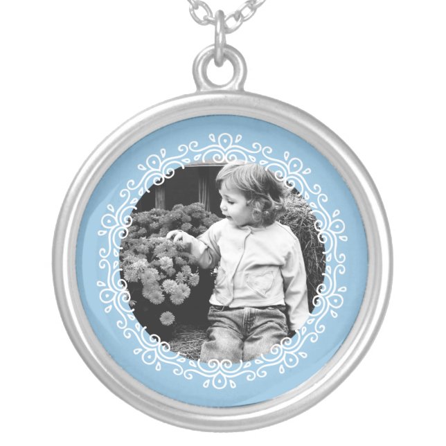 Light Blue Fancy Photo Frame Silver Plated Necklace (Front)