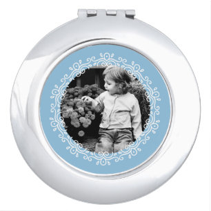 Light Blue Fancy Swirls Frame Custom Photo Compact Mirror