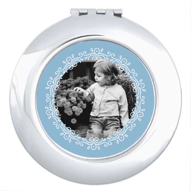 Light Blue Fancy Swirls Frame Custom Photo Compact Mirror (Front)