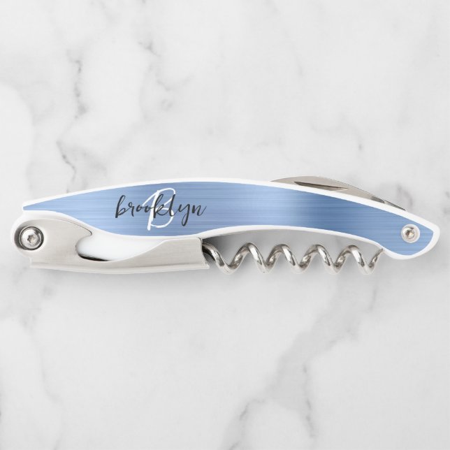 Light Blue Faux Brushed Metal Monogram Script Waiter's Corkscrew (Front)
