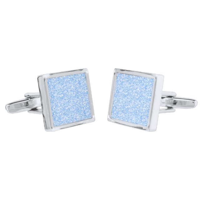 Light Blue Faux Glitter And Sparkles Silver Cufflinks (Angled)