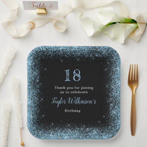 Light Blue Faux Glitter Birthday Party Paper Plates