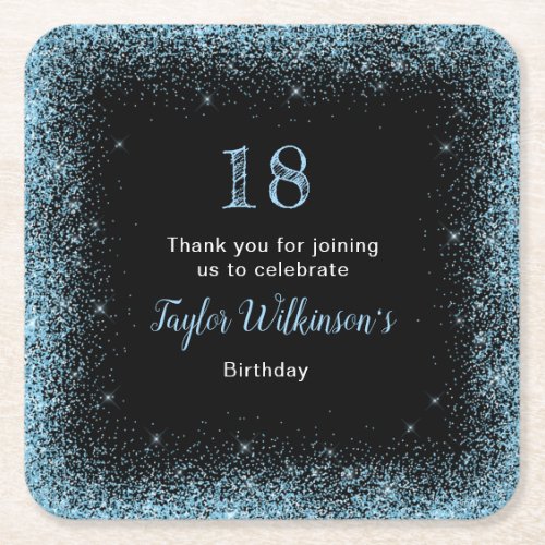 Light Blue Faux Glitter Birthday Party Square Paper Coaster