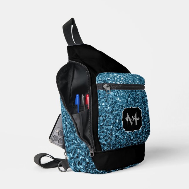 Light blue faux glitter sparkles Black Monogram Sling Bag (Open)