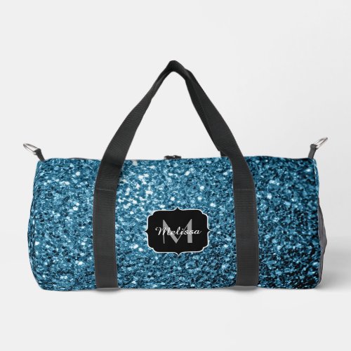 Light blue faux glitter sparkles Monogram Duffle Bag