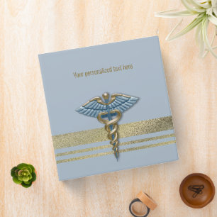 Light Blue Faux Gold Foil Stripes Medical Caduceus 3 Ring Binder