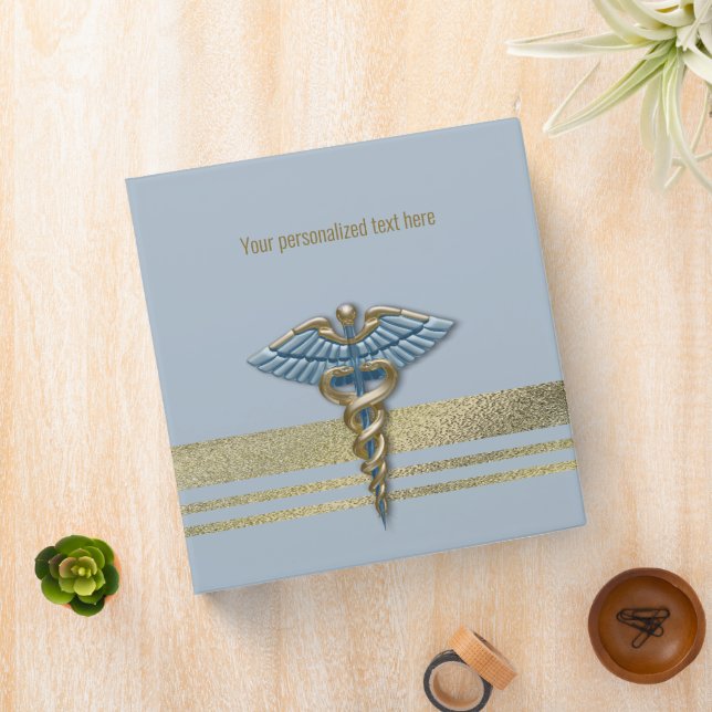 Light Blue Faux Gold Foil Stripes Medical Caduceus 3 Ring Binder (In Situ)