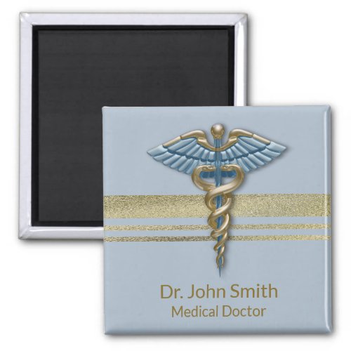 Light Blue Faux Gold Foil Stripes Medical Caduceus Magnet