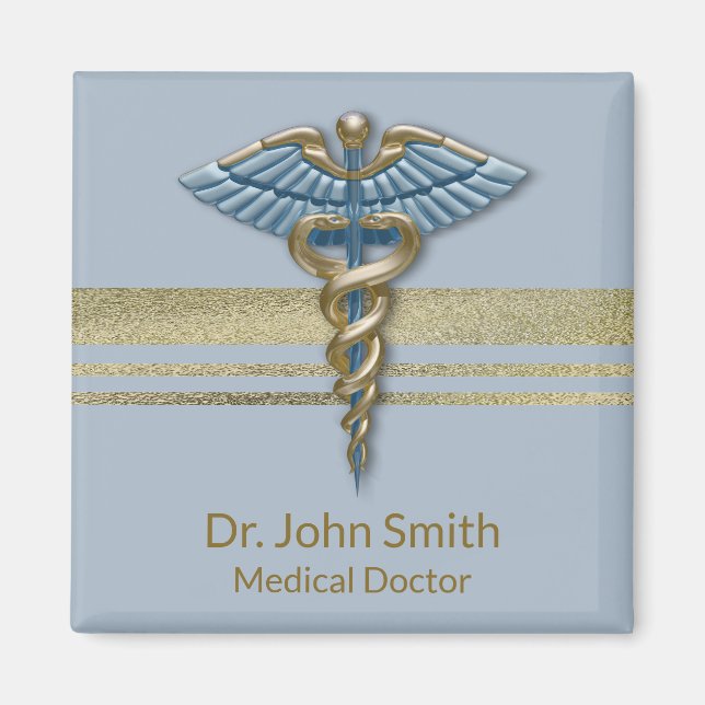 Light Blue Faux Gold Foil Stripes Medical Caduceus Magnet (Front)