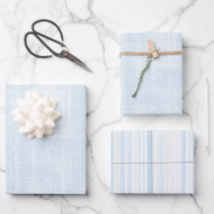 Light Blue Faux Linen Stripes Bridal Shower Wrapping Paper Sheets