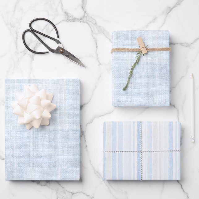 Light Blue Faux Linen Stripes Bridal Shower Wrapping Paper Sheets (Front)