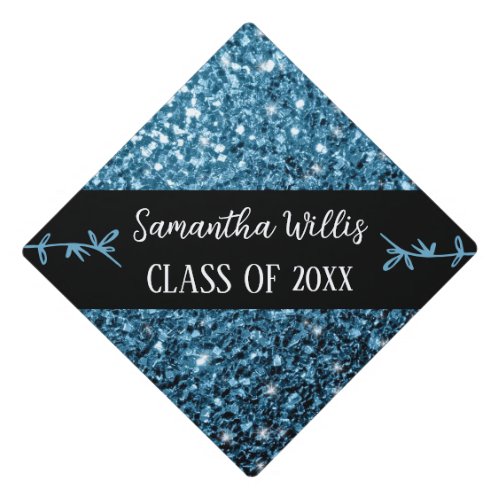 Light blue faux sparkles Custom name Class Graduation Cap Topper