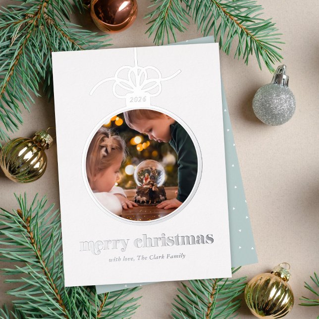 Light Blue Festive Photo In Christmas Ornament  Foil Holiday Card (Creator Uploaded)