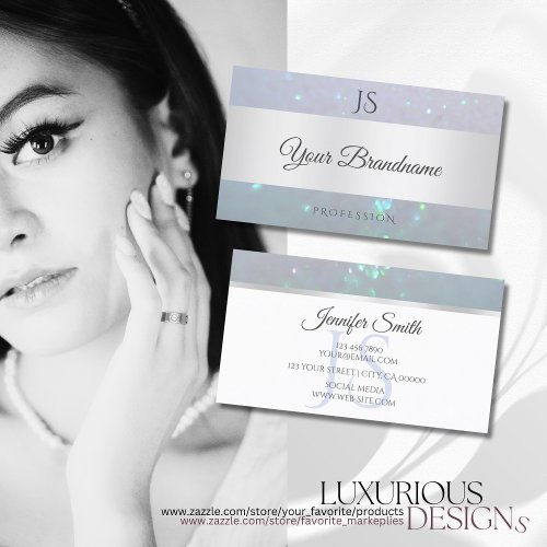 Light Blue Fine Sparkle Pearl Glitter and Initials Business Card