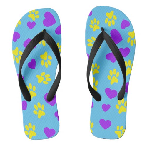 Light Blue Flip Flops with Yellow Cat Paw Prints 