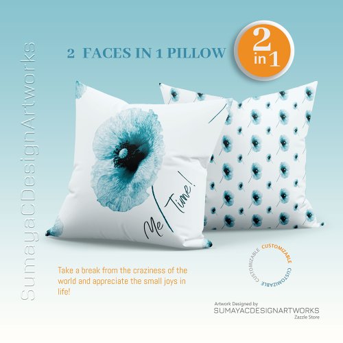 Light Blue Floral 2 in 1 Throw Pillow Calligraphy 