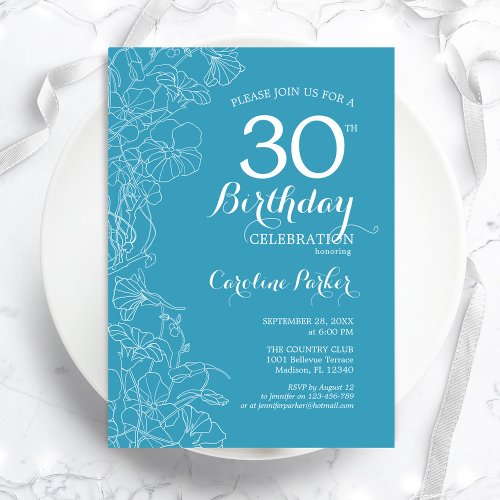 Light Blue Floral 30th Birthday Party Invitation