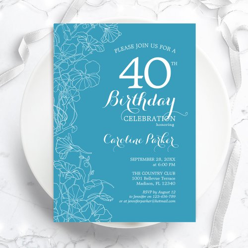 Light Blue Floral 40th Birthday Party Invitation