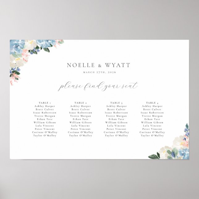 Light Blue Floral 4 Table Wedding Seating Chart (Front)