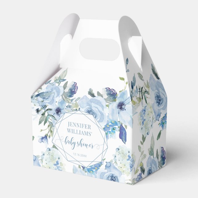 Light blue floral baby boy shower candy favor box (Front Side)