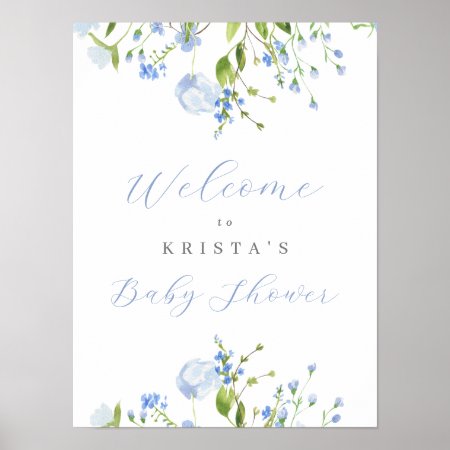 Light Blue Floral Baby Shower Welcome Poster