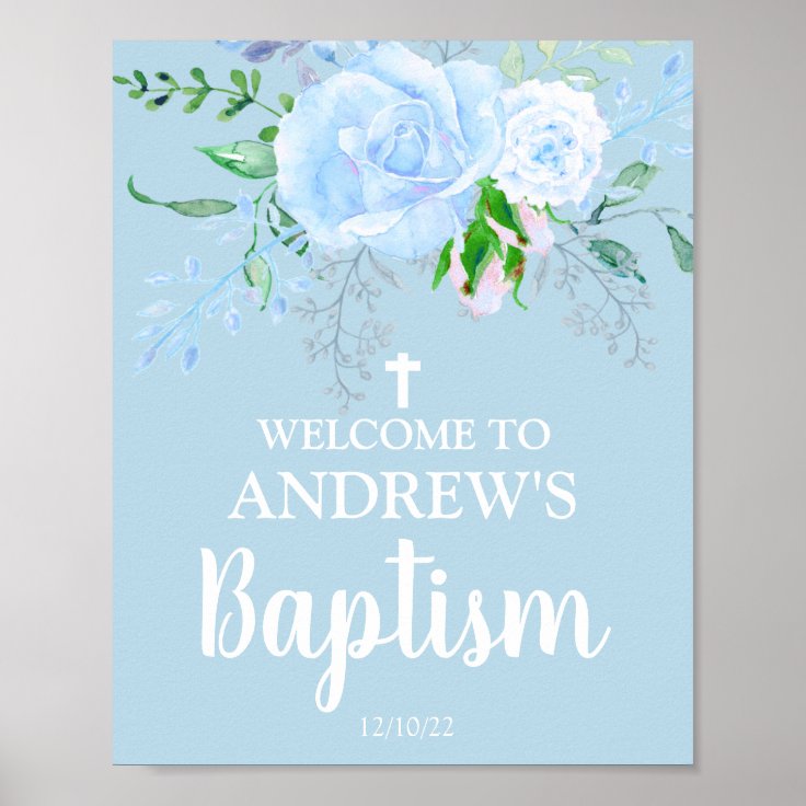 Light Blue Floral Baptism Boy Welcome 8x10 Poster | Zazzle