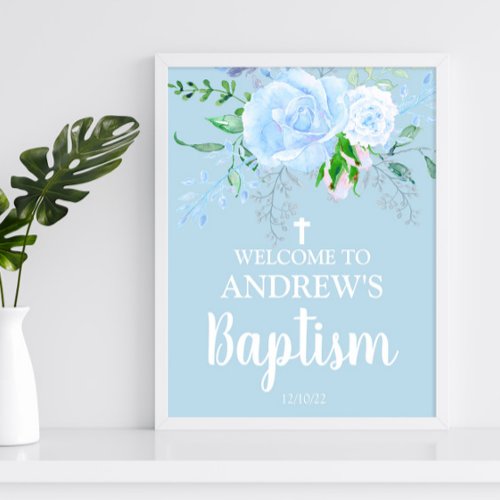 Light Blue Floral Baptism Boy Welcome 8x10 Poster