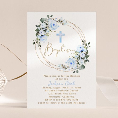 Light Blue Floral Baptism Christening Gold Frame Invitation