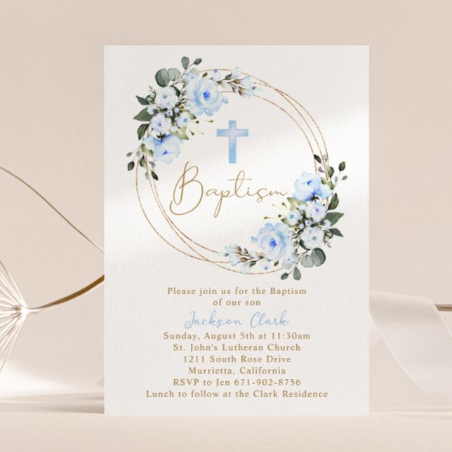 Light Blue Floral Baptism Christening Gold Frame Invitation (Creator Uploaded)