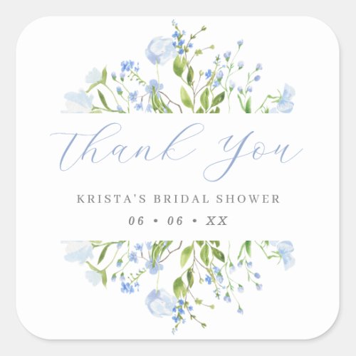 Light Blue Floral Bridal Shower Thank You Square Sticker