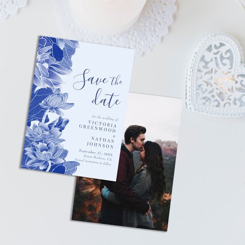 Light Blue Floral Chinoiserie Photo Save the Date