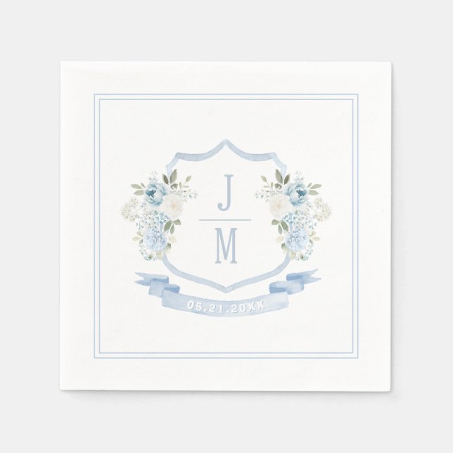 Light Blue Floral Crest French Wedding Monogram Napkins (Front)