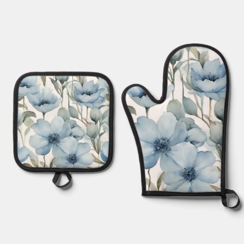 Light Blue Floral Design  Oven Mitt  Pot Holder Set