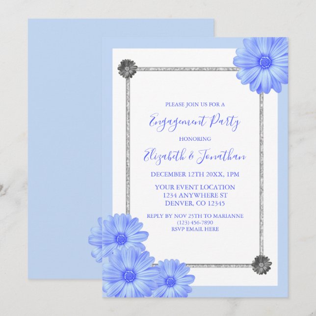 Light Blue Floral Elegant Engagement Party Invitation (Front/Back)