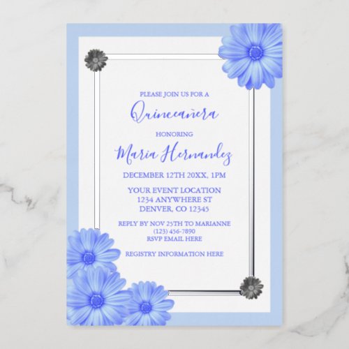 Light Blue Floral Elegant Quinceanera Foil Invitation