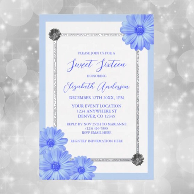 Light Blue Floral Elegant Sweet Sixteen Foil Invitation (Creator Uploaded)