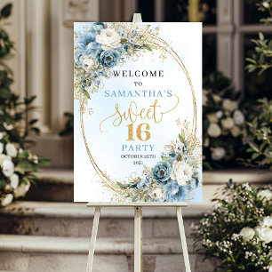Light blue floral eucalyptus gold frame sweet 16th poster