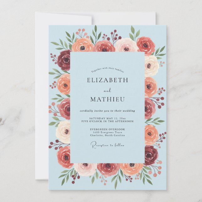 Light Blue Floral Flourish Wedding Invitation (Front)