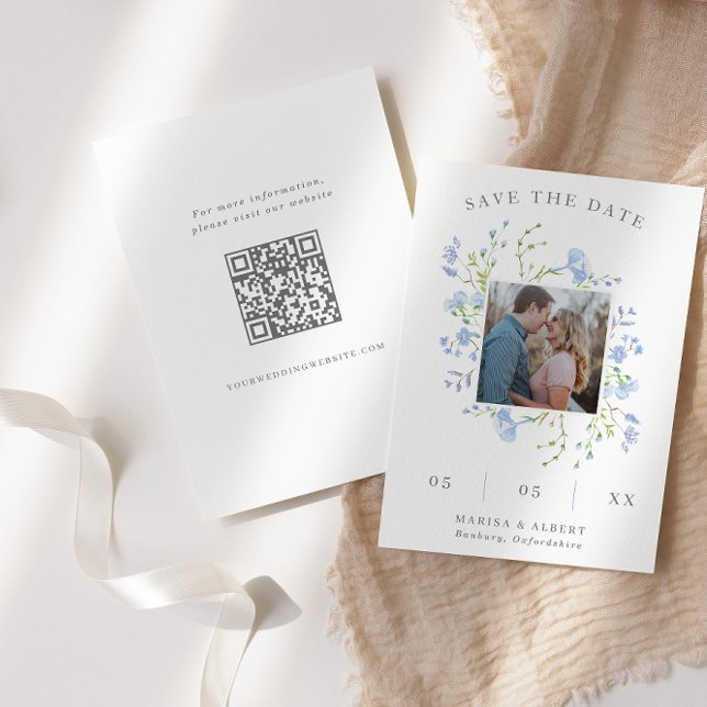 Light Blue Floral Frame Photo QR Code Save The Date (Creator Uploaded)